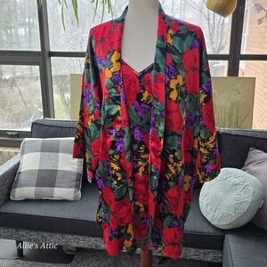 Victorias Secret Gold Label Satin Red Black Floral Robe Slip Dress Nightie Set M